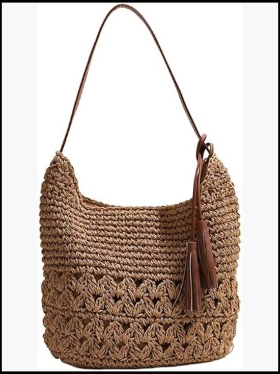Handbags - Straw Woven Tote Bag Boho Handmade Crochet Hobo Shoulder Purse Summer Beach